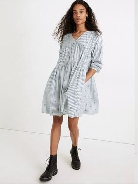 Madewell Blue and White Stripe V-neck Tiered Mini Dress, size XS